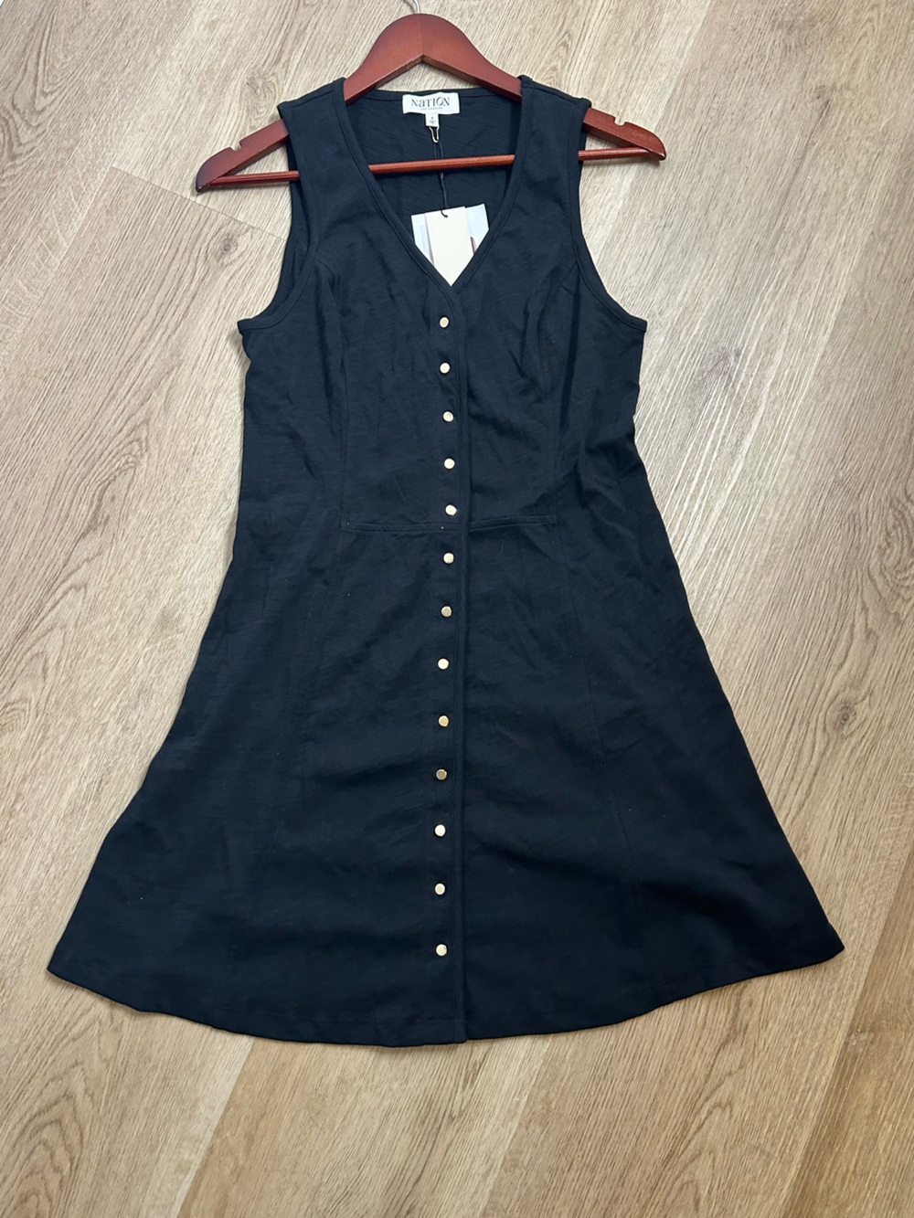 NWT Nation LA 100% Cotton Black Gold Button V - Neck Button Down Mini Dress - Picture 4 of 15